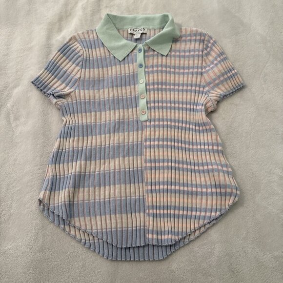 Frayed Denim Ribbed Collared Top Tennis Stripes 80s 90s Preppy Size Large - Picture 4 of 14